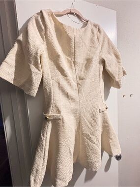 H&M Cream Textured Short-Sleeve Fit-and-Flare Dress